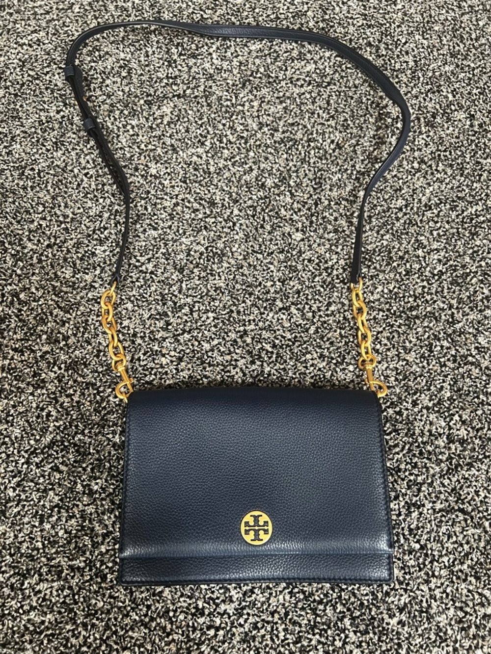 Tory Burch Robinson Navy Leather Wallet Crossbody (Chain Strap)